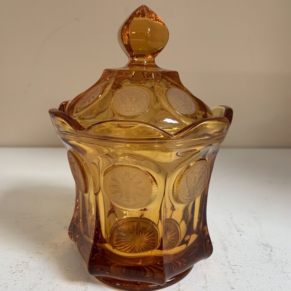 Vintage Fostoria Amber GOLD Coin Glass Lidded Candy Jar